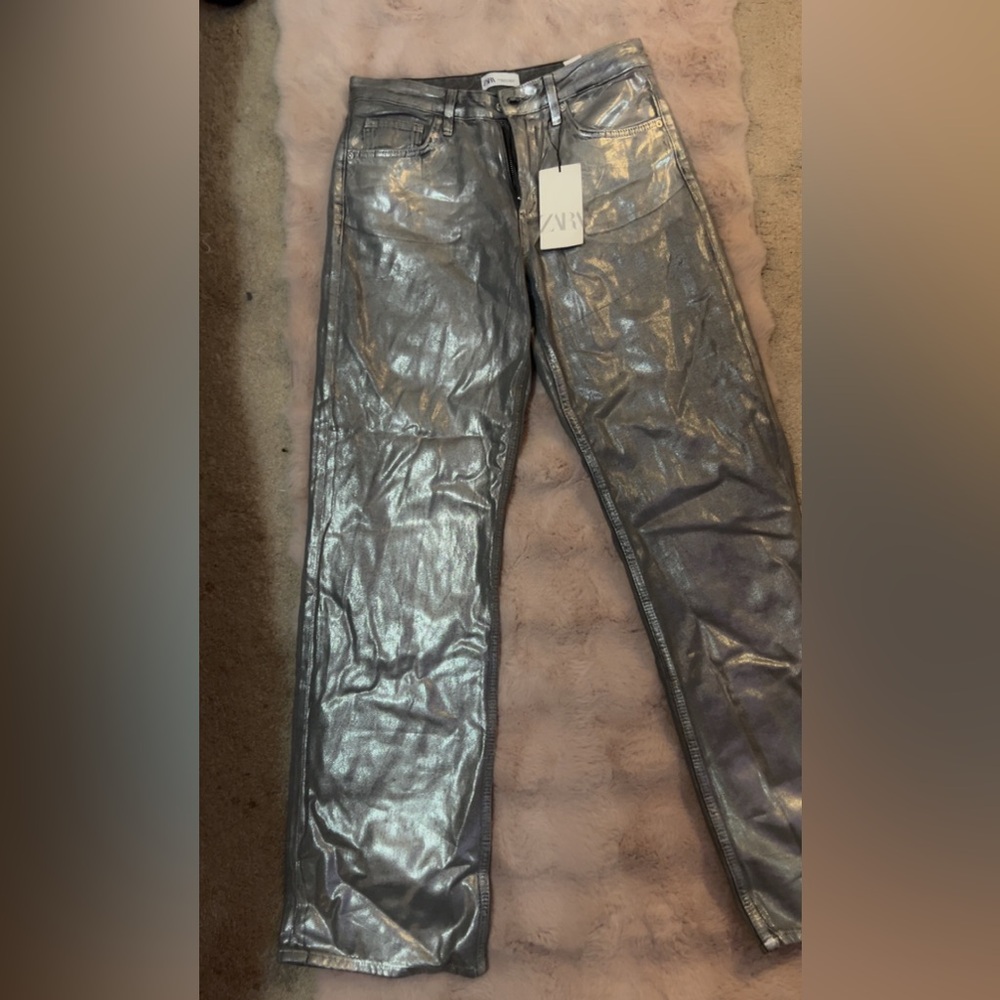 Zara Shimmering Silver Wide Leg Pants